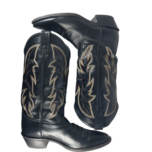 JUSTIN! BLACK GENUINE LEATHER, WHITE & GOLD FANCY STITCHED COWBOY BOOTS! SZ 9D main image 6